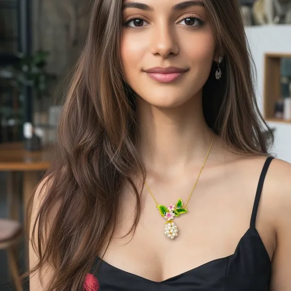 Gold_Plated_Brass_Enamel_Floral_Leaf_Pearl_Cluster_Pendant_Necklace_For_Women